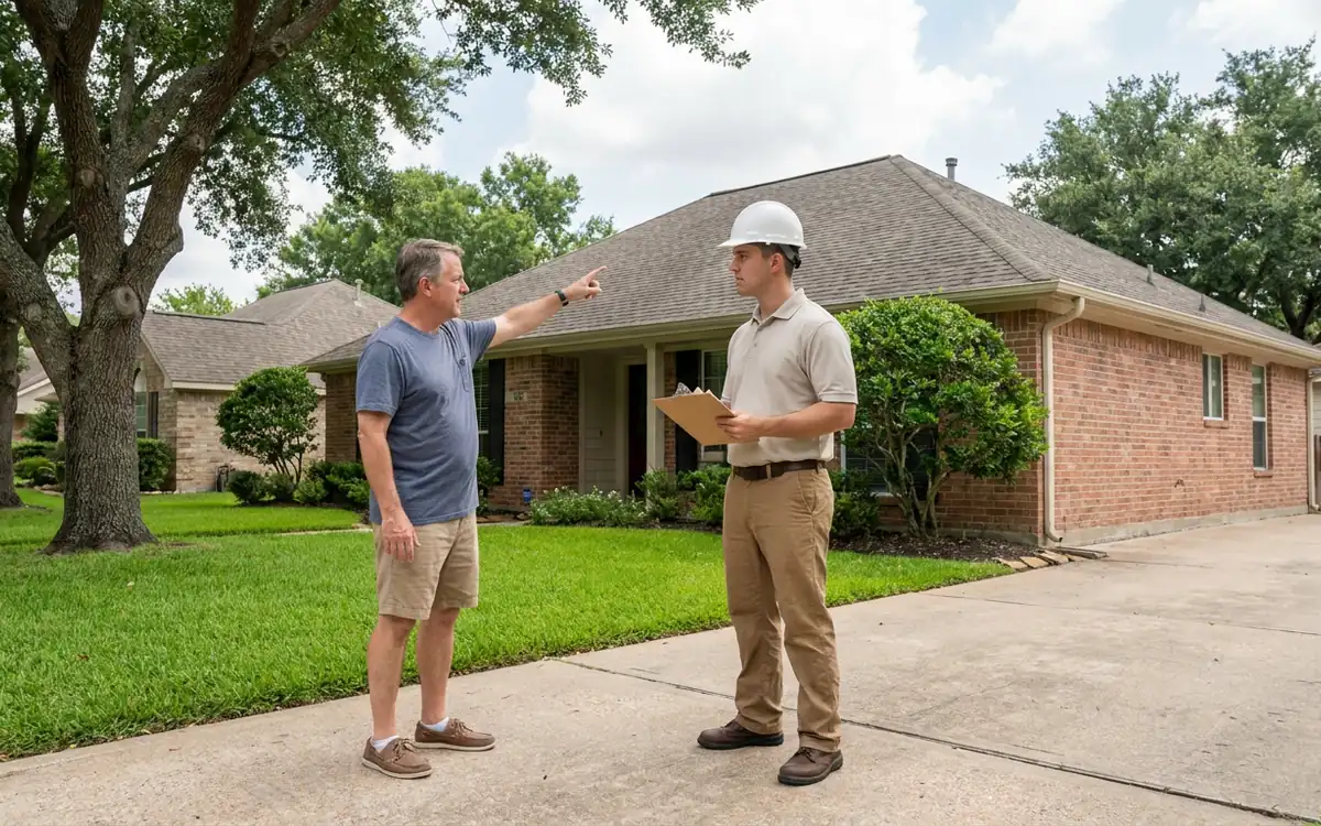 Homeowner and roofing professional discussing roof inspection scope