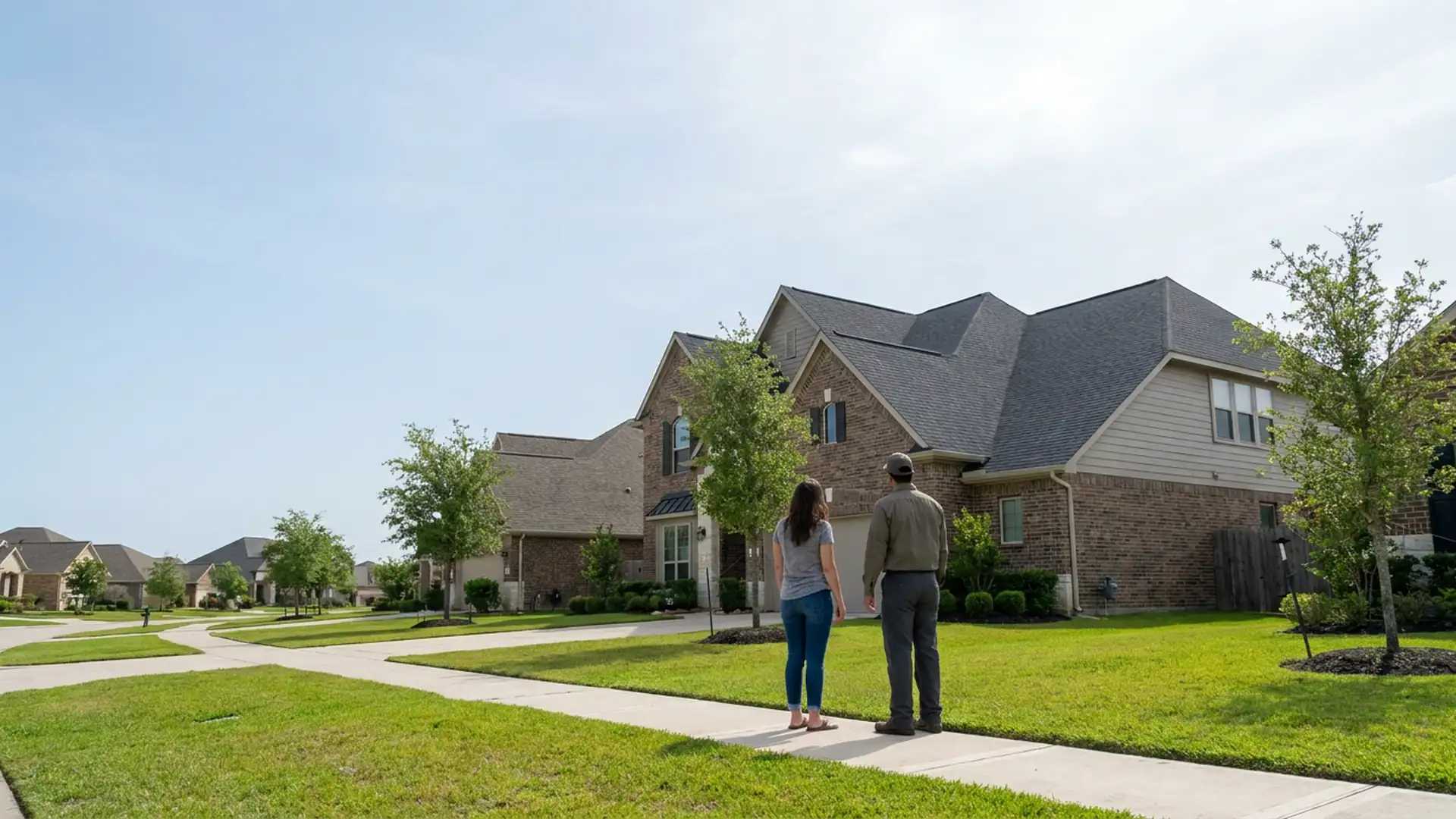 Cypress homeowner and roofing professional viewing a newer suburban roof