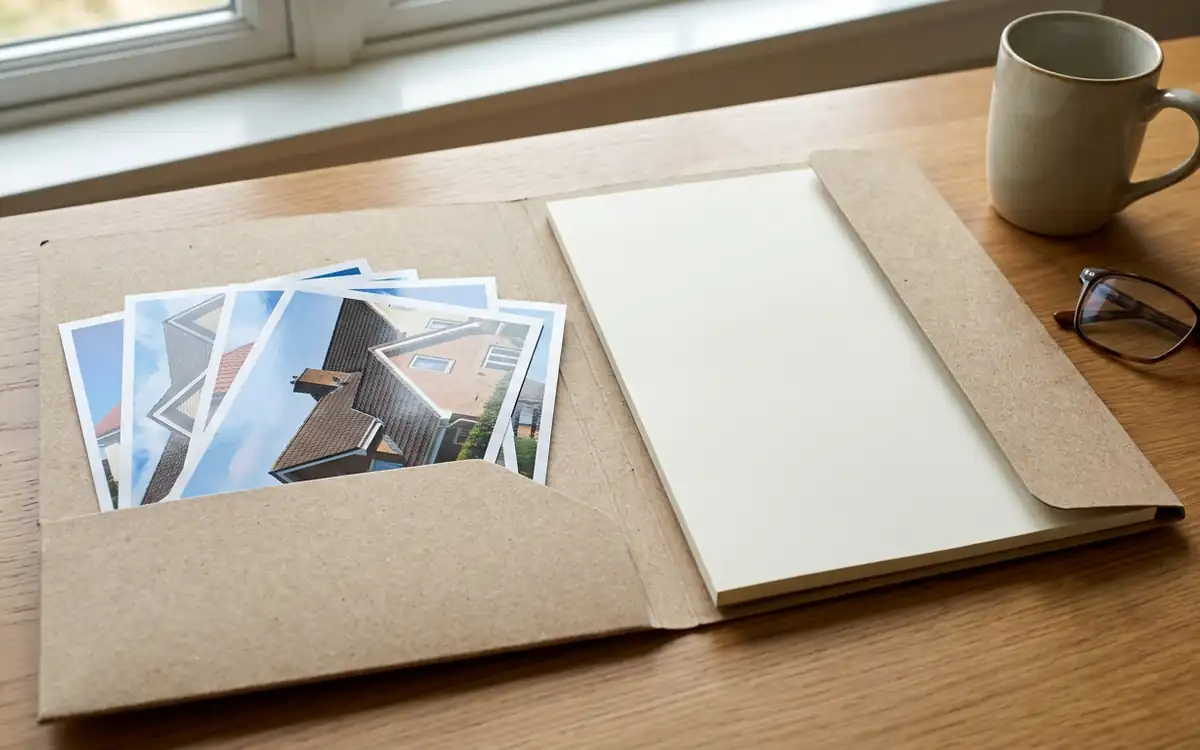 Blank unbranded folder with roof photographs