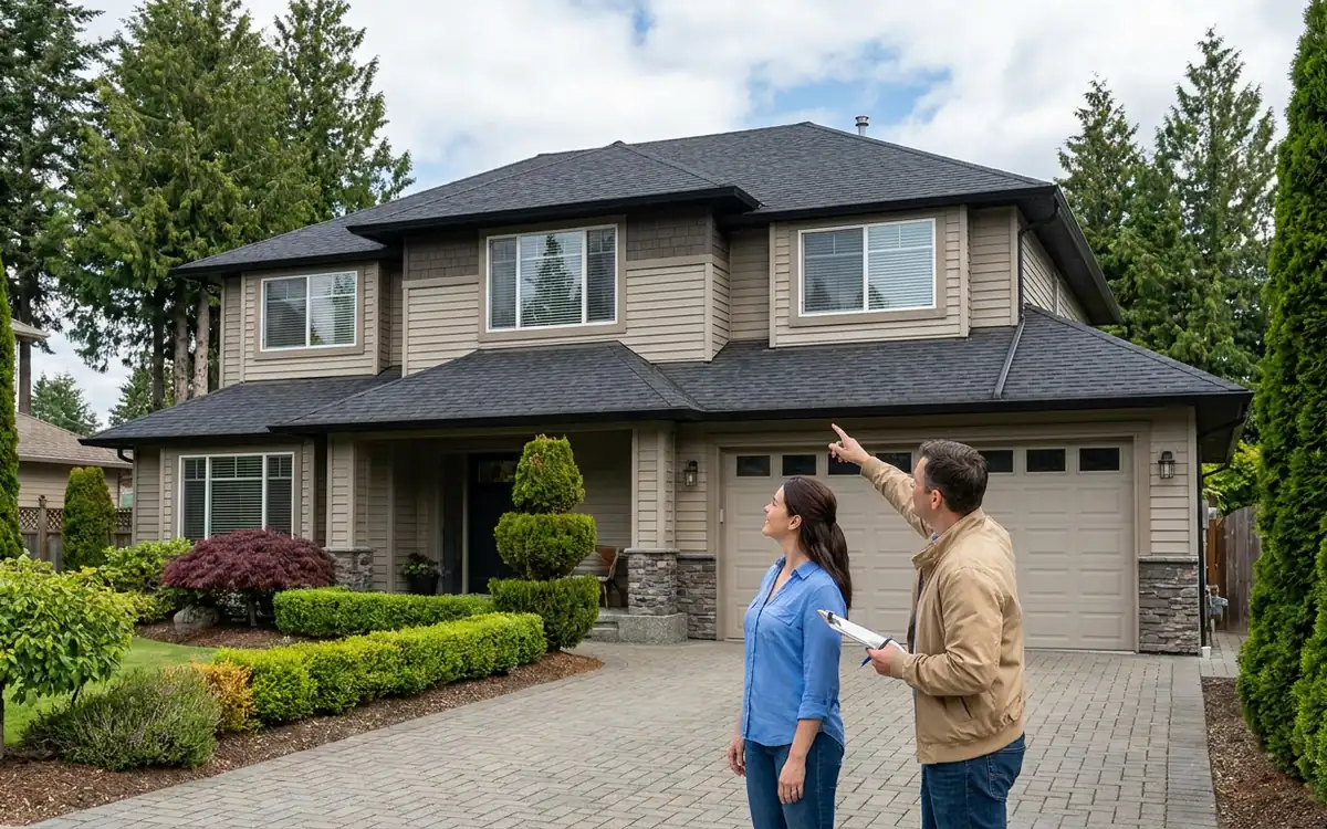 Homeowner and roofing professional viewing a newer Cypress roof