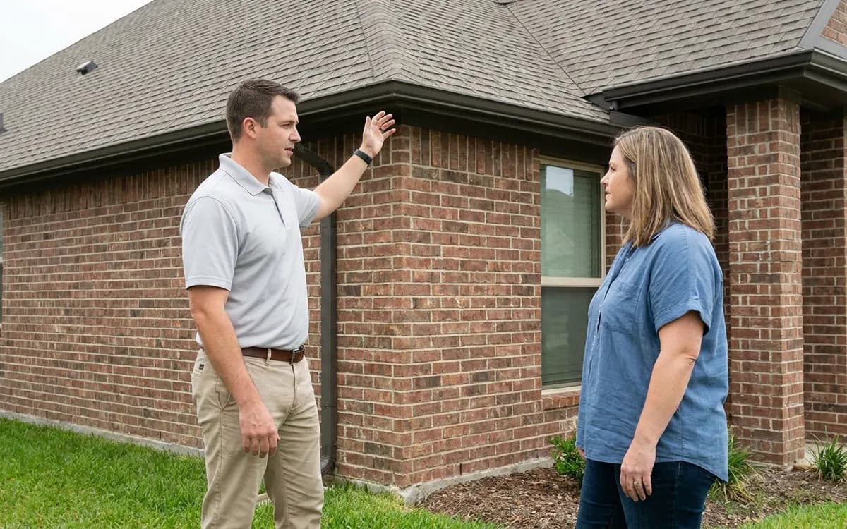 Cypress homeowner listening as roofing professional gestures toward a roof eave