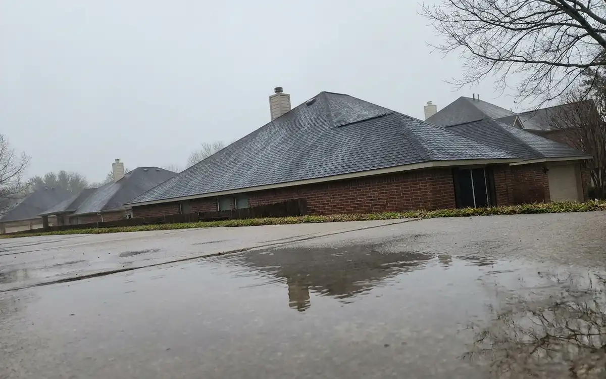 Rain-damp Cypress suburban roofline viewed from sidewalk