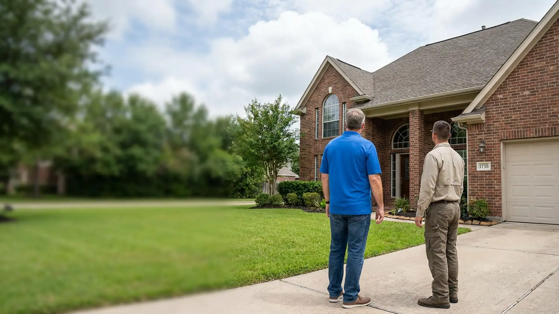 Katy homeowner and roofing professional viewing a residential roof