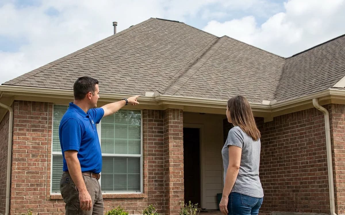 Homeowner looking at a brick roof as roofing professional points to the eaves