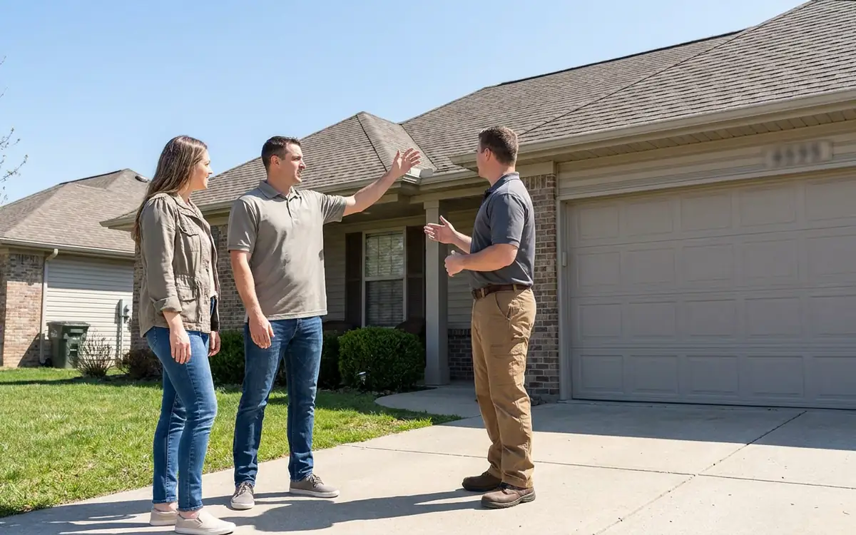 Katy homeowner and roofing professional discussing roof condition