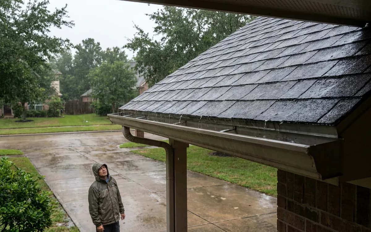 Homeowner observing rainwater running from a wet roof gutter