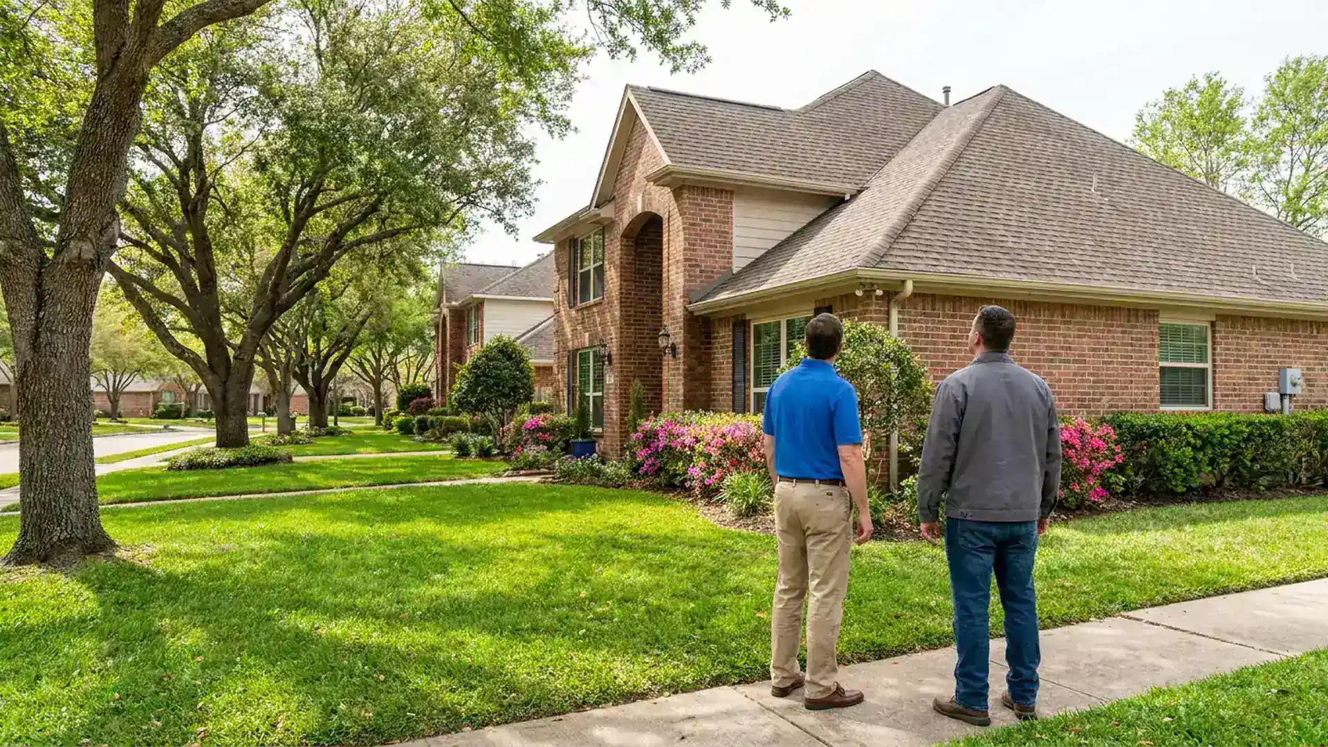 Spring homeowner and roofing professional viewing a mature suburban residential roof