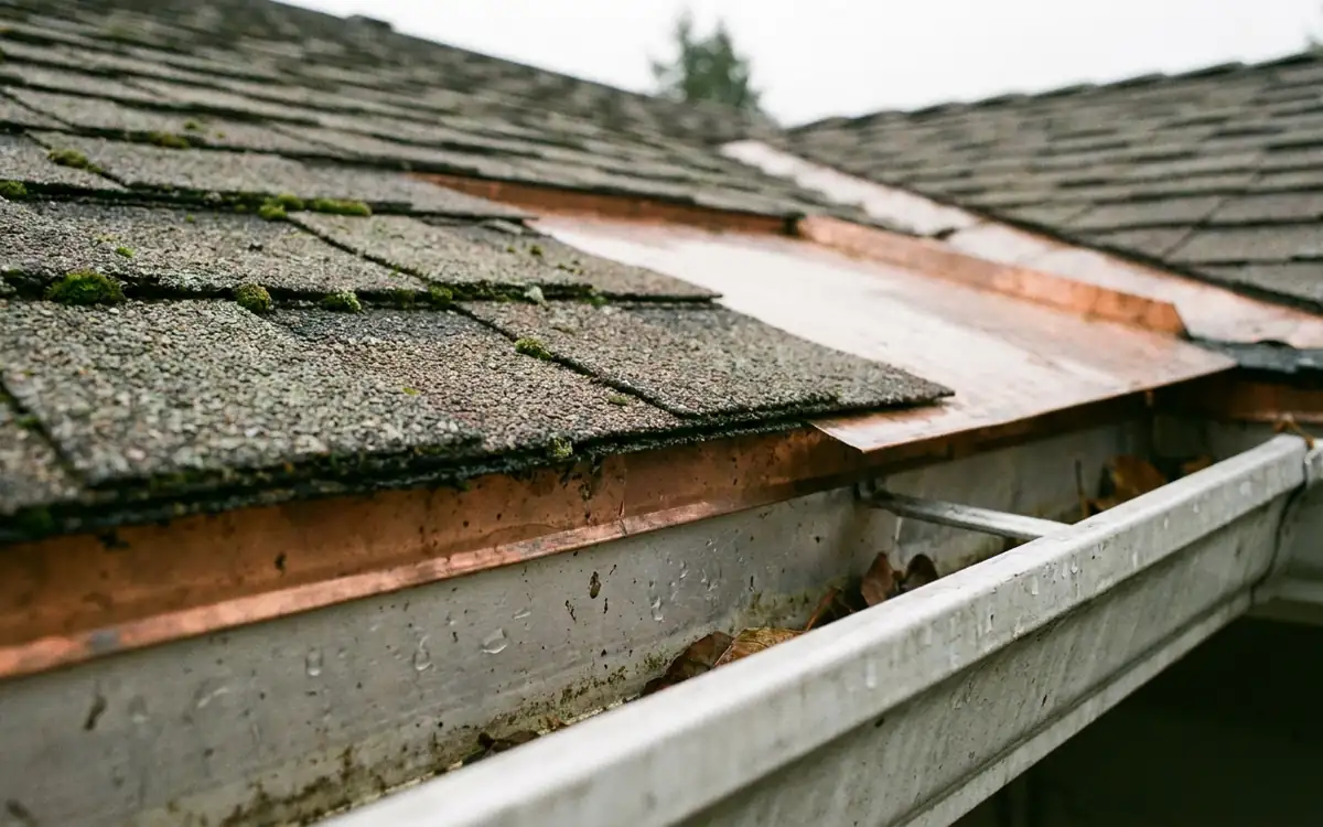 Visible residential shingles, flashing, and roof edge details