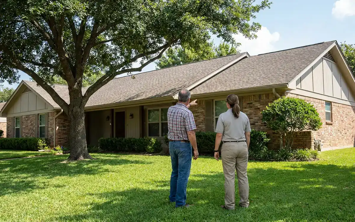 Homeowners viewing a mature Spring suburban roof