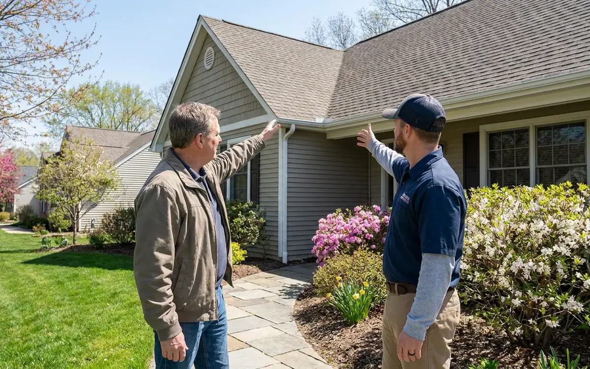 Spring homeowner and roofing professional discussing a residential roof