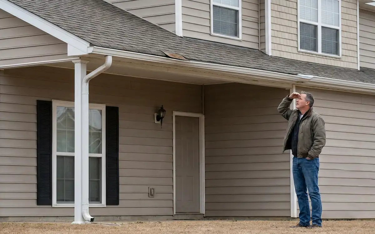 Homeowner safely observing a residential roof from ground level
