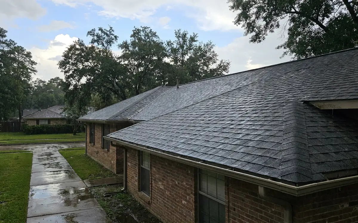 Rain-damp Spring suburban roofline viewed from ground level