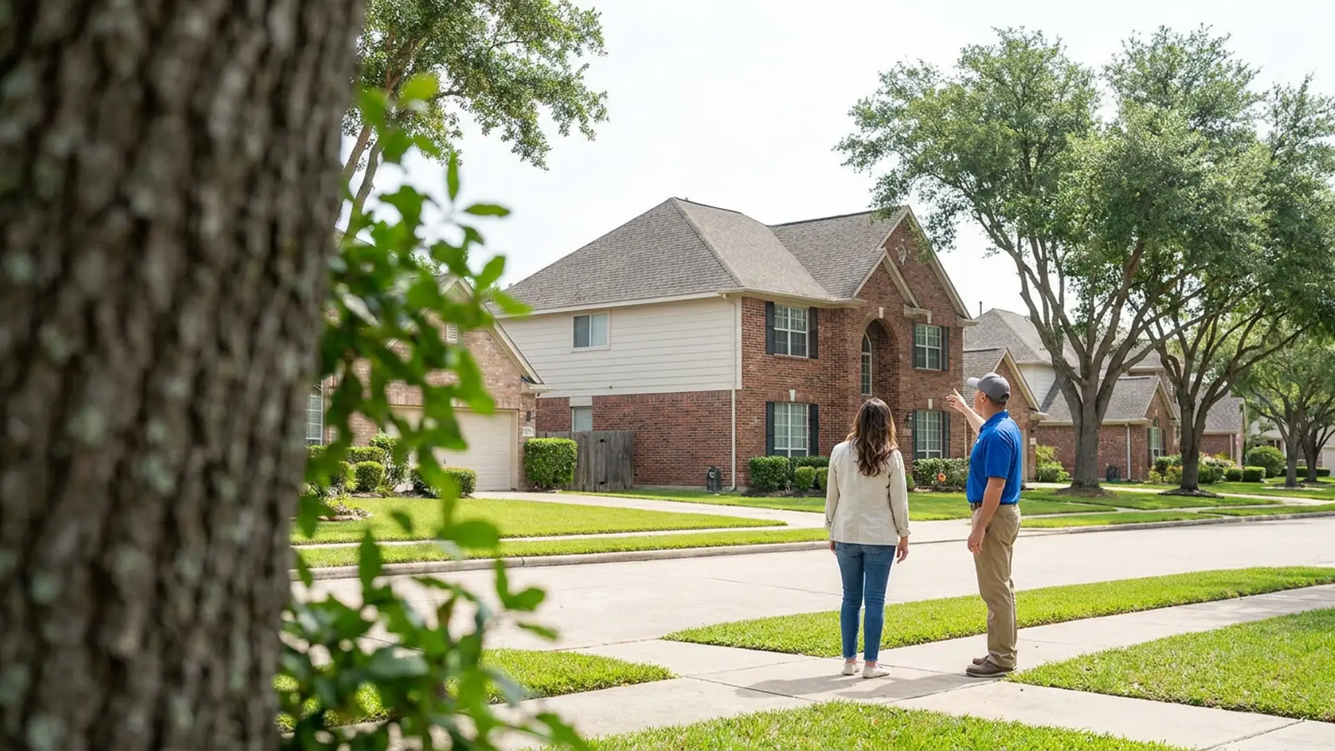 Sugar Land homeowner and roofing professional viewing a residential roof