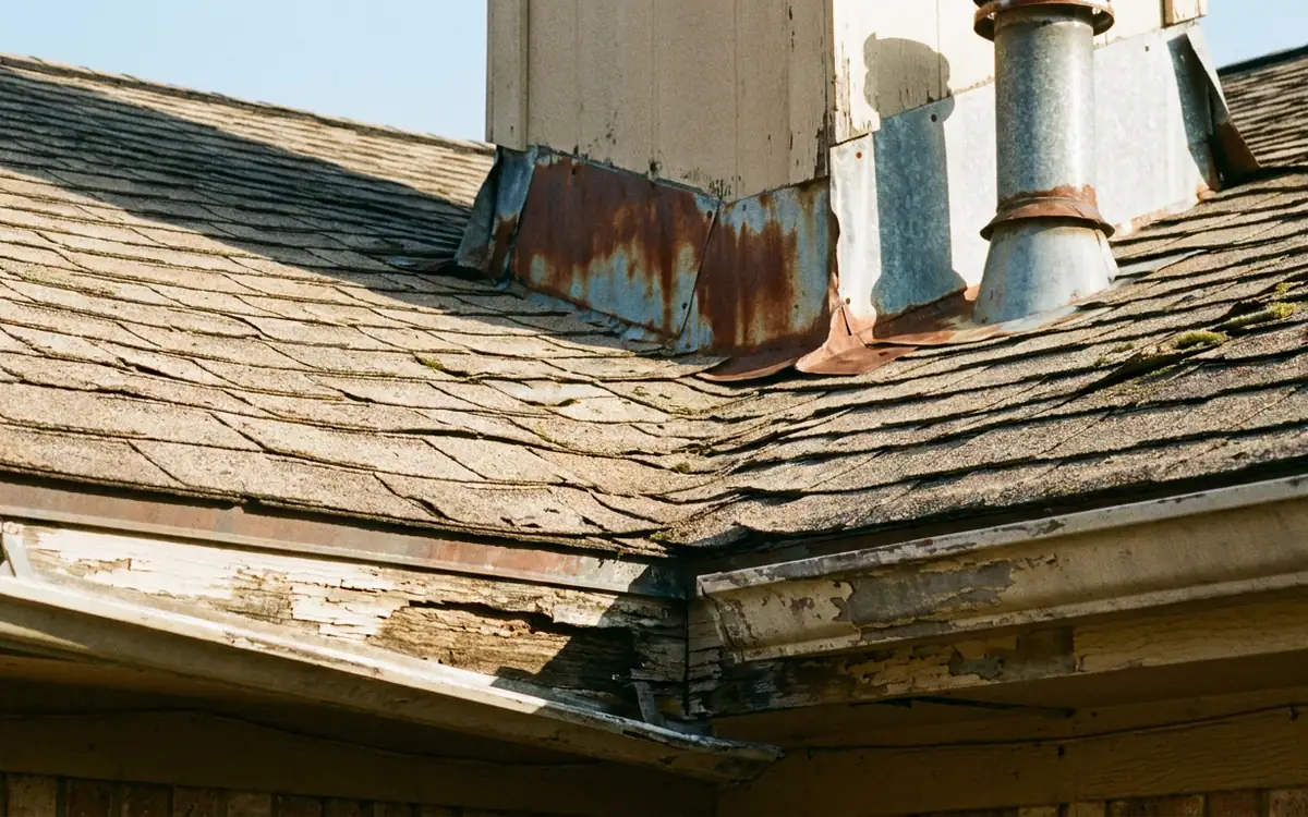 Visible residential roof shingles, flashing, and roof edge details