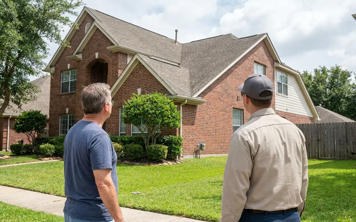 Sugar Land homeowner and roofing professional viewing a suburban roof