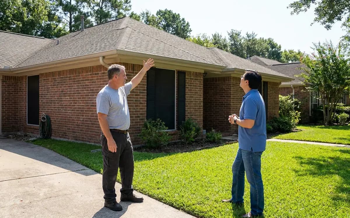 Homeowner listening as roofing professional points toward a brick roof