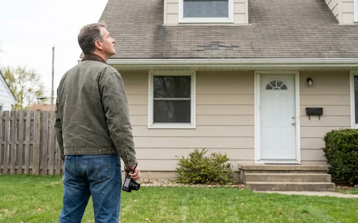 Homeowner observing a visible roof concern safely from the ground