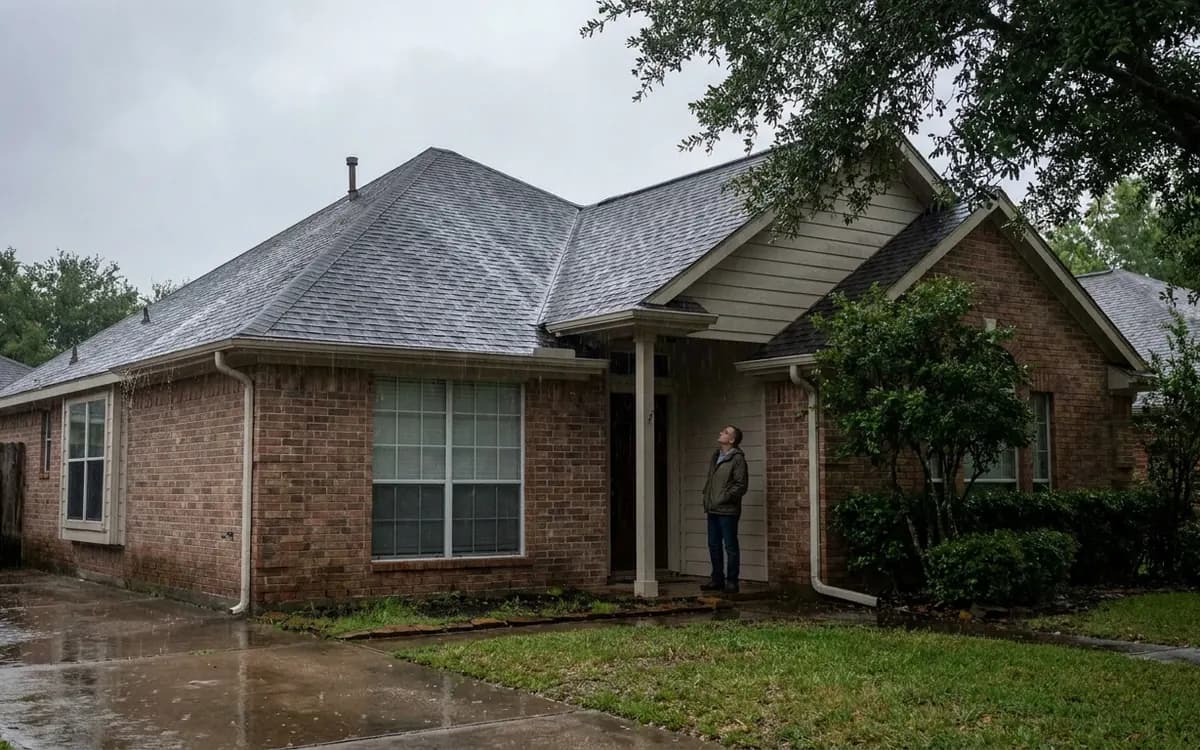 Homeowner observing a wet brick roof during heavy rain