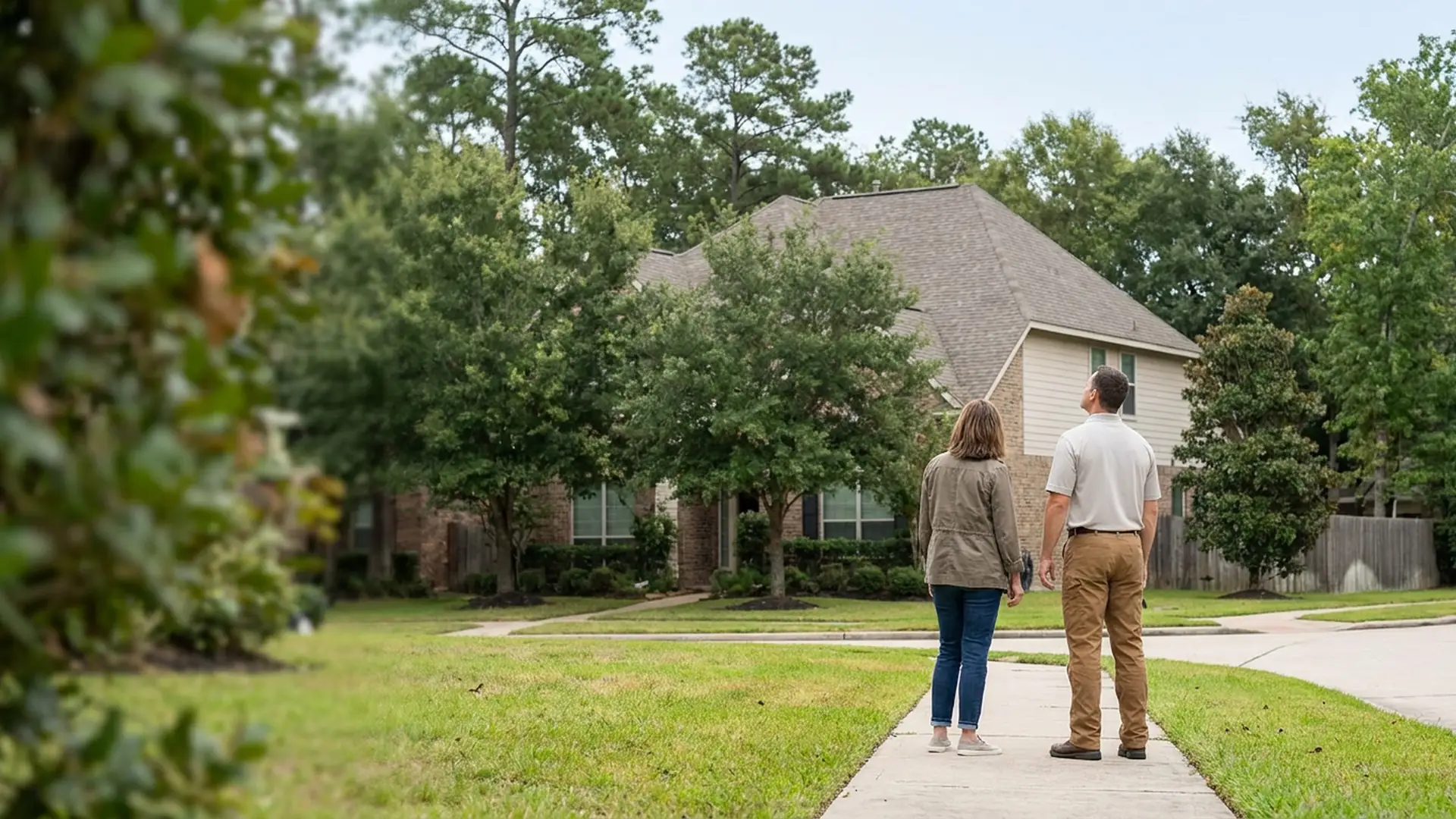 The Woodlands homeowner and roofing professional viewing a tree-lined residential roof