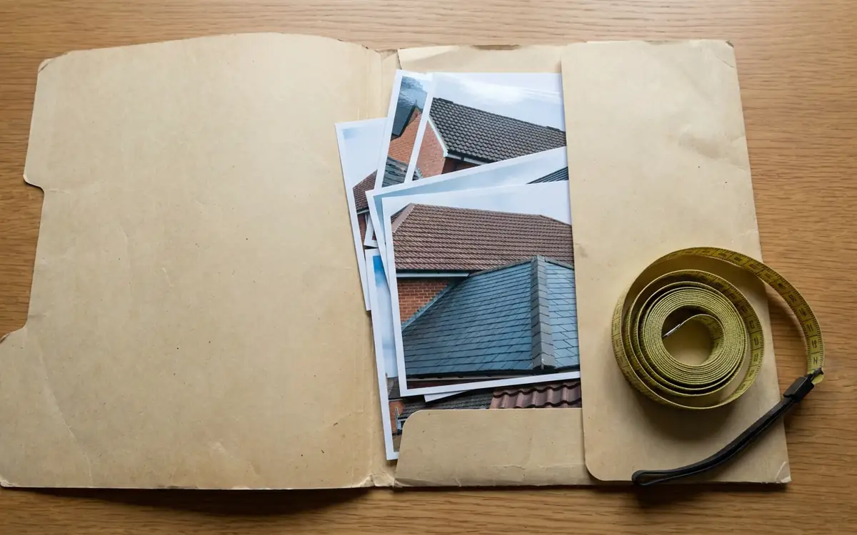 Blank unbranded folder with roof photographs on a table