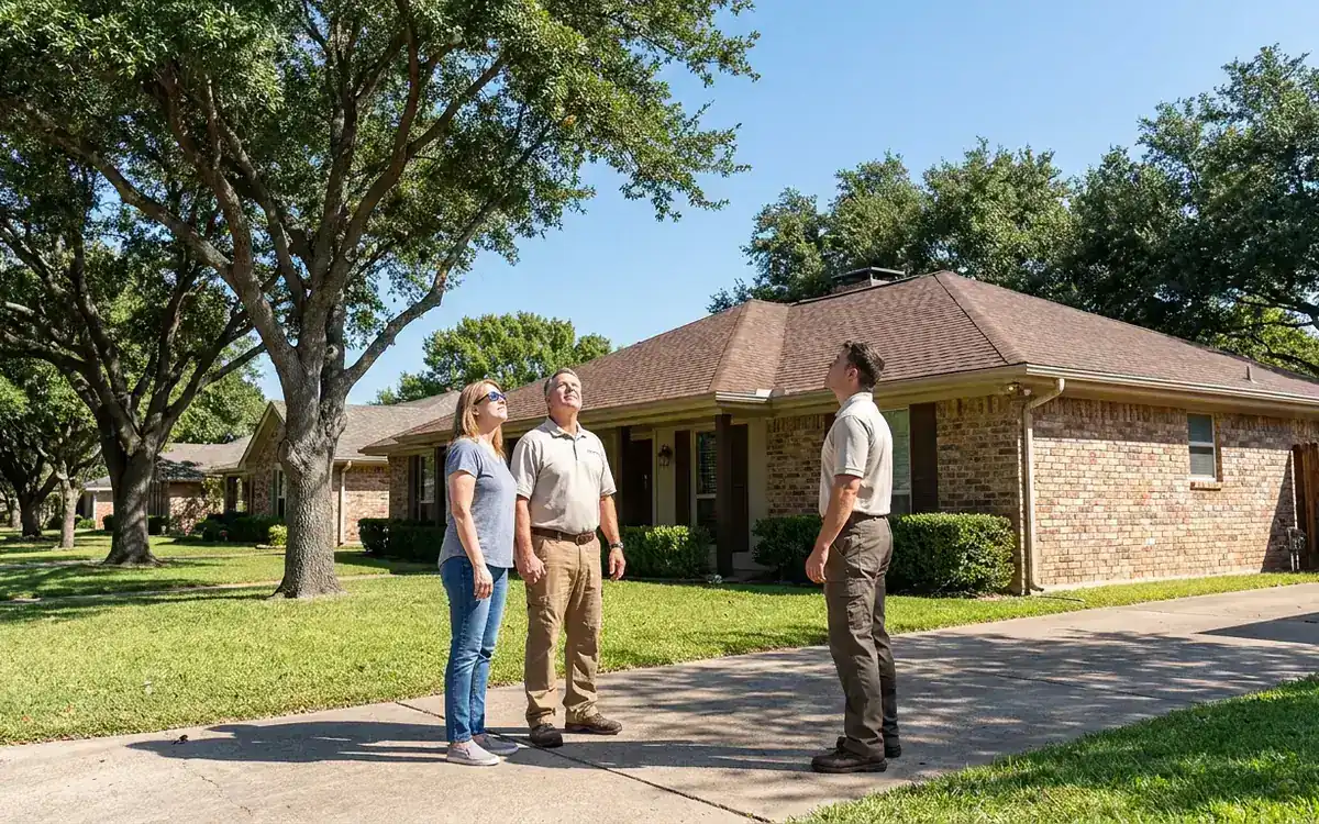 Homeowners and roofing professional viewing a tree-lined residential roof