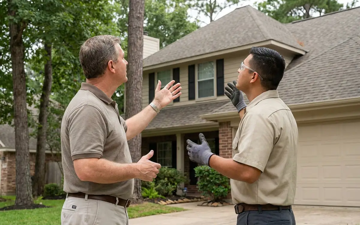 Homeowner and roofing professional discussing a residential roof