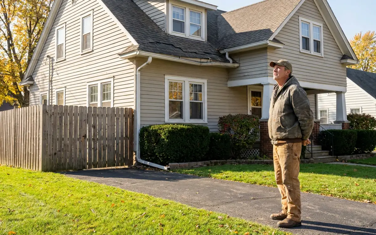 Homeowner safely observing a residential roof from ground level