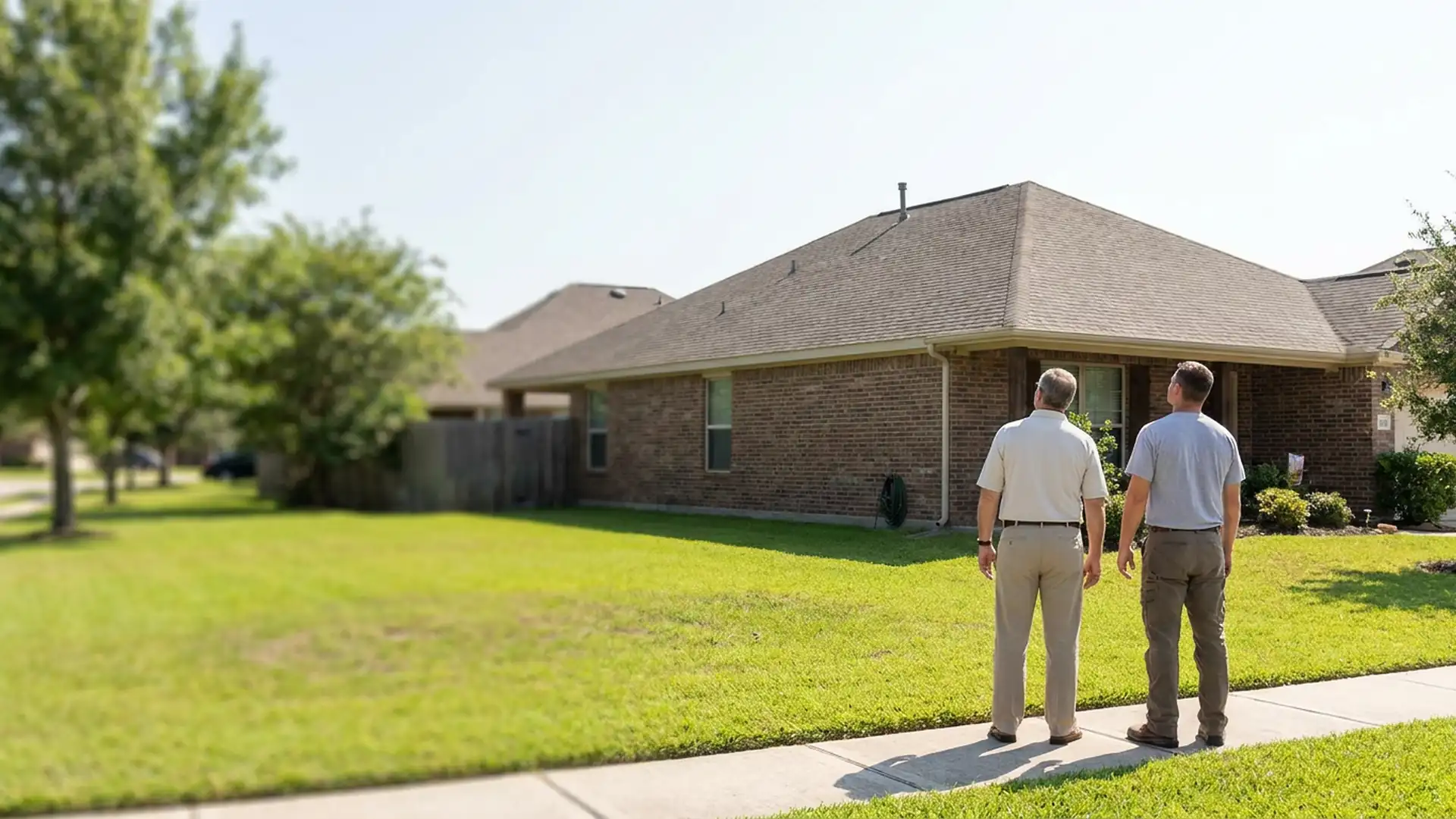Tomball homeowner and roofing professional viewing a residential roof