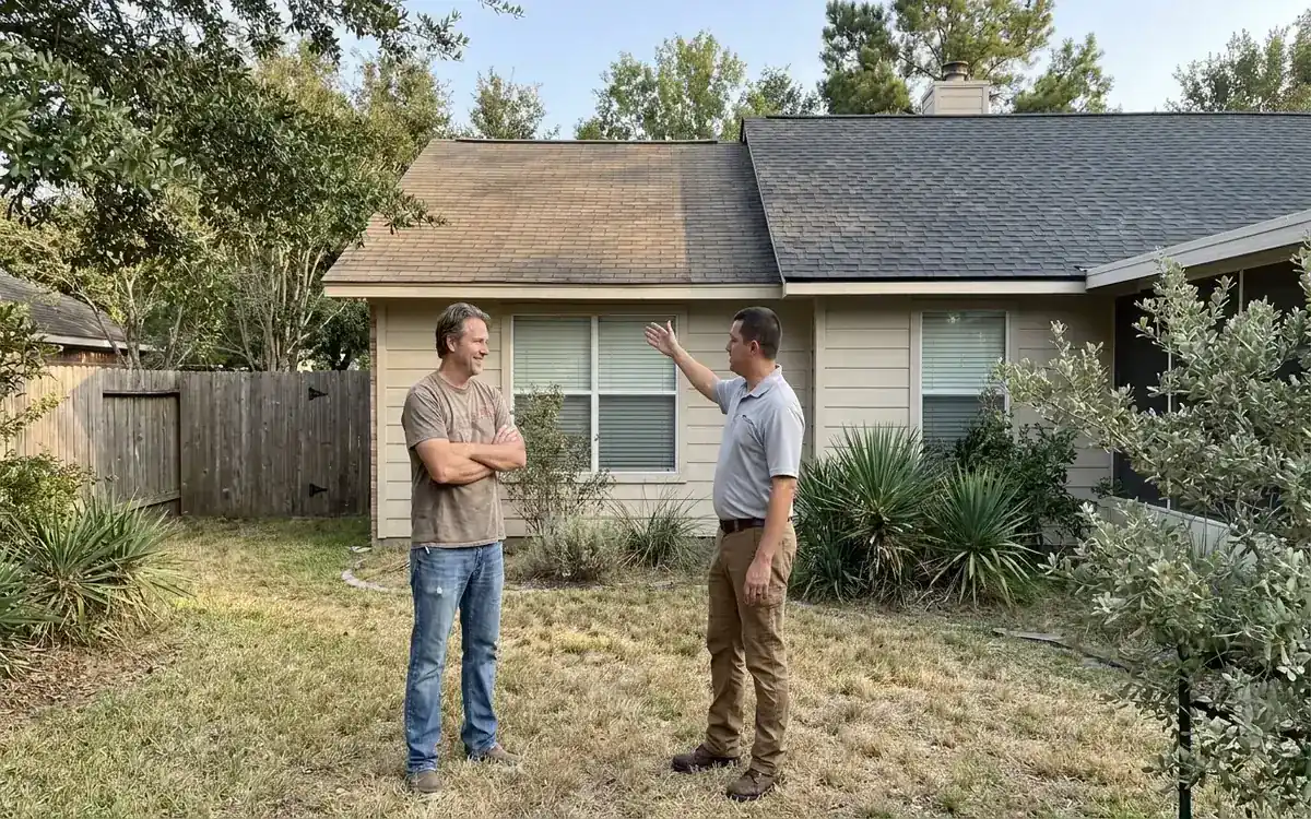 Tomball homeowner discussing roof history with a roofing professional