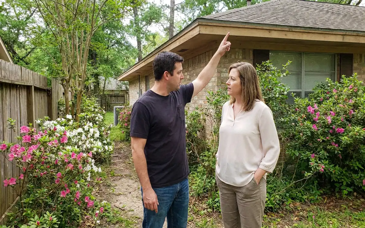 Tomball homeowner listening as roofing professional points toward a roof
