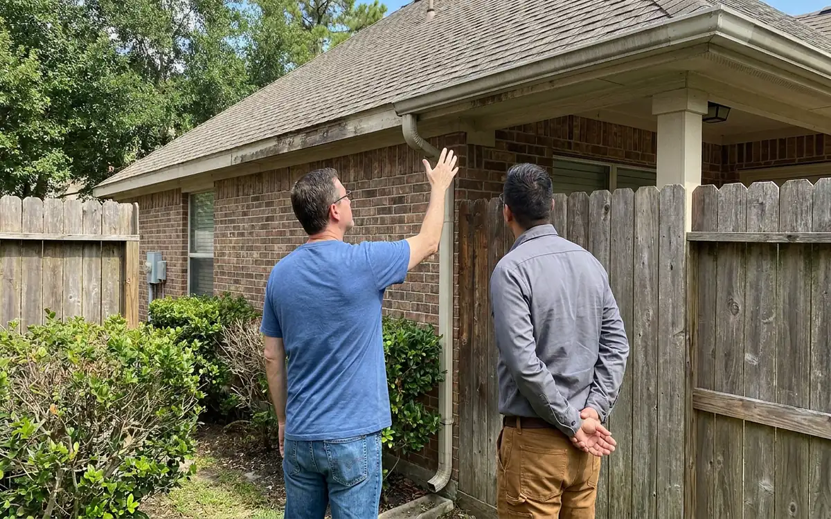 Tomball homeowner observing a roof edge from the ground