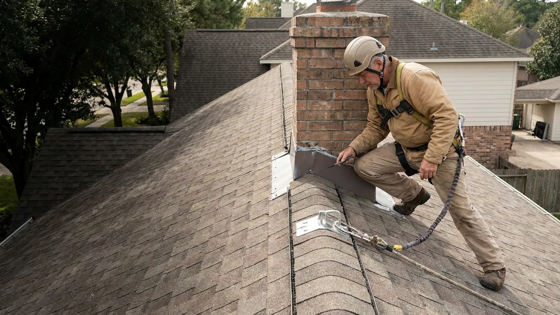 Roofing professional examining chimney flashing during a Houston leak inspection