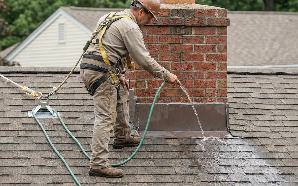 Controlled water testing at a roof flashing detail during a leak investigation
