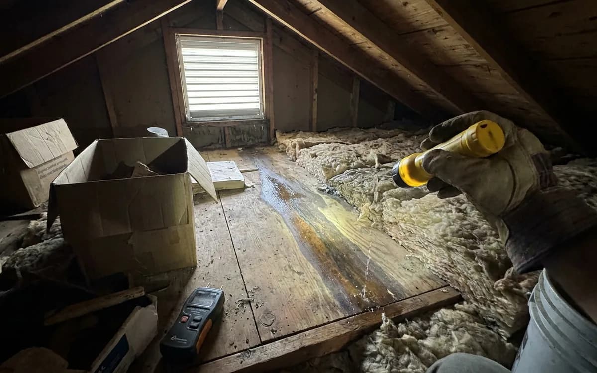 Roof decking and insulation showing a traced water path from an active leak