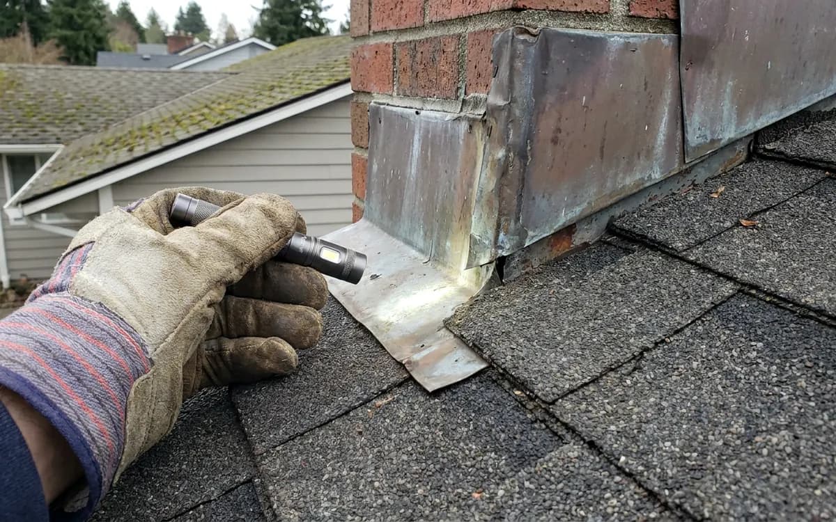Chimney flashing and shingle transition inspected for a leak entry point