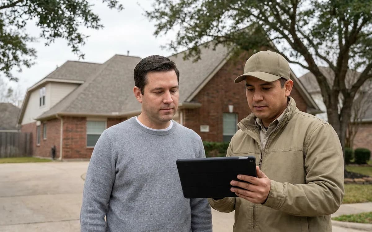 Homeowner and roofing professional reviewing leak inspection findings