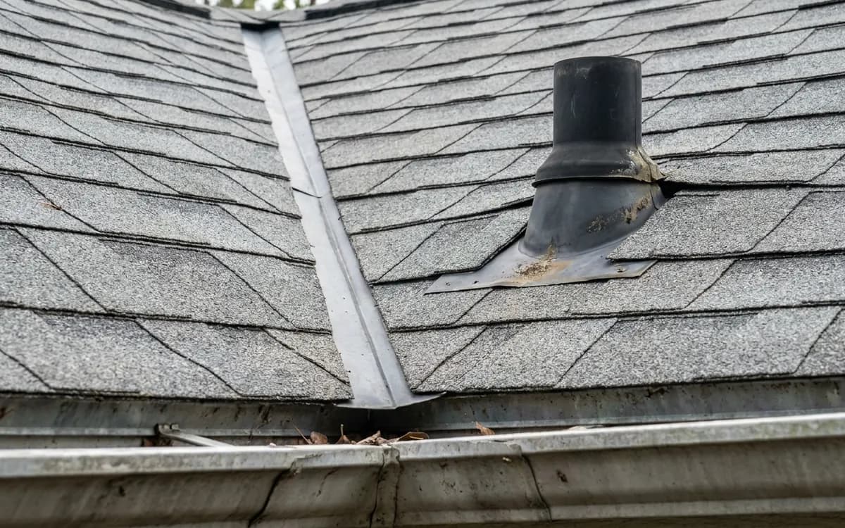Shingle roof valley, vent pipe boot, and gutter showing roof details to inspect before repair decisions
