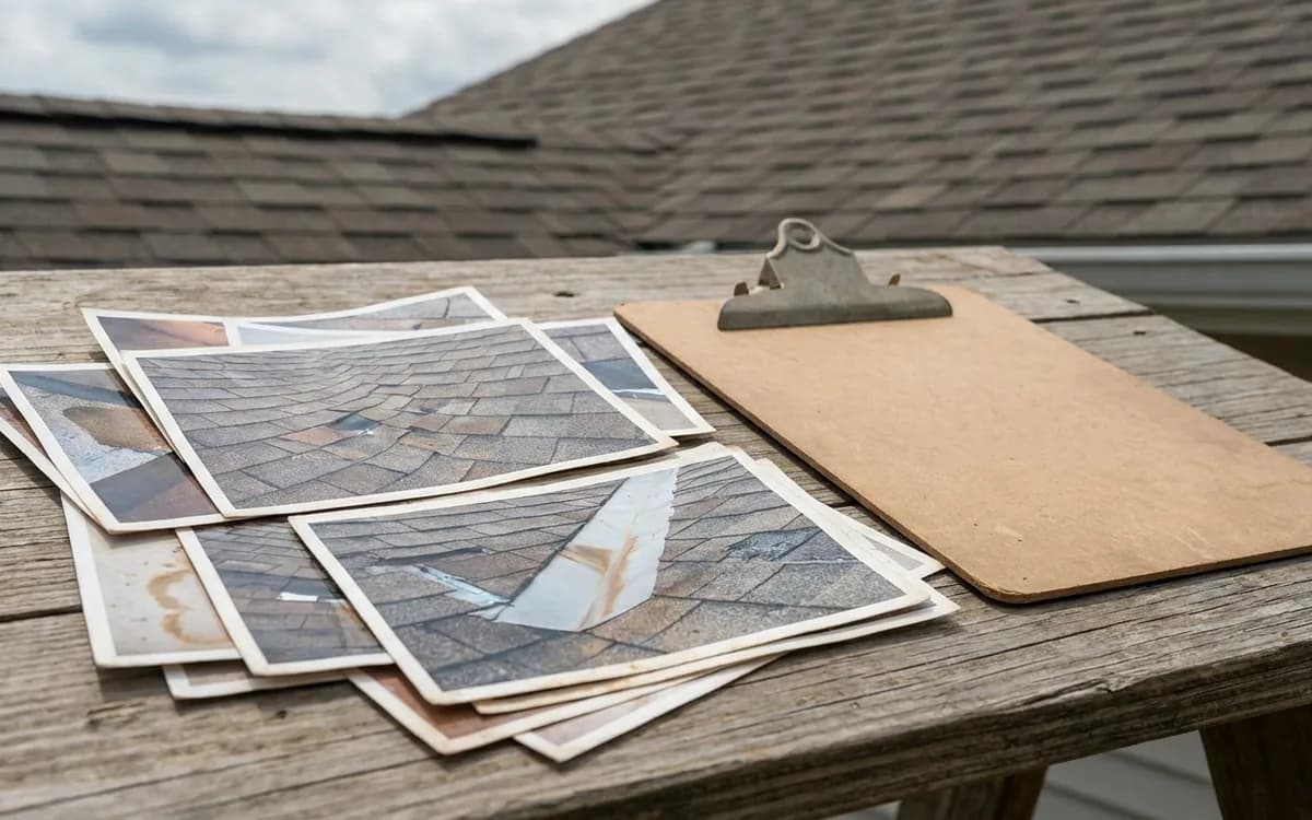 Roof condition photos and a blank clipboard for a leak inspection report