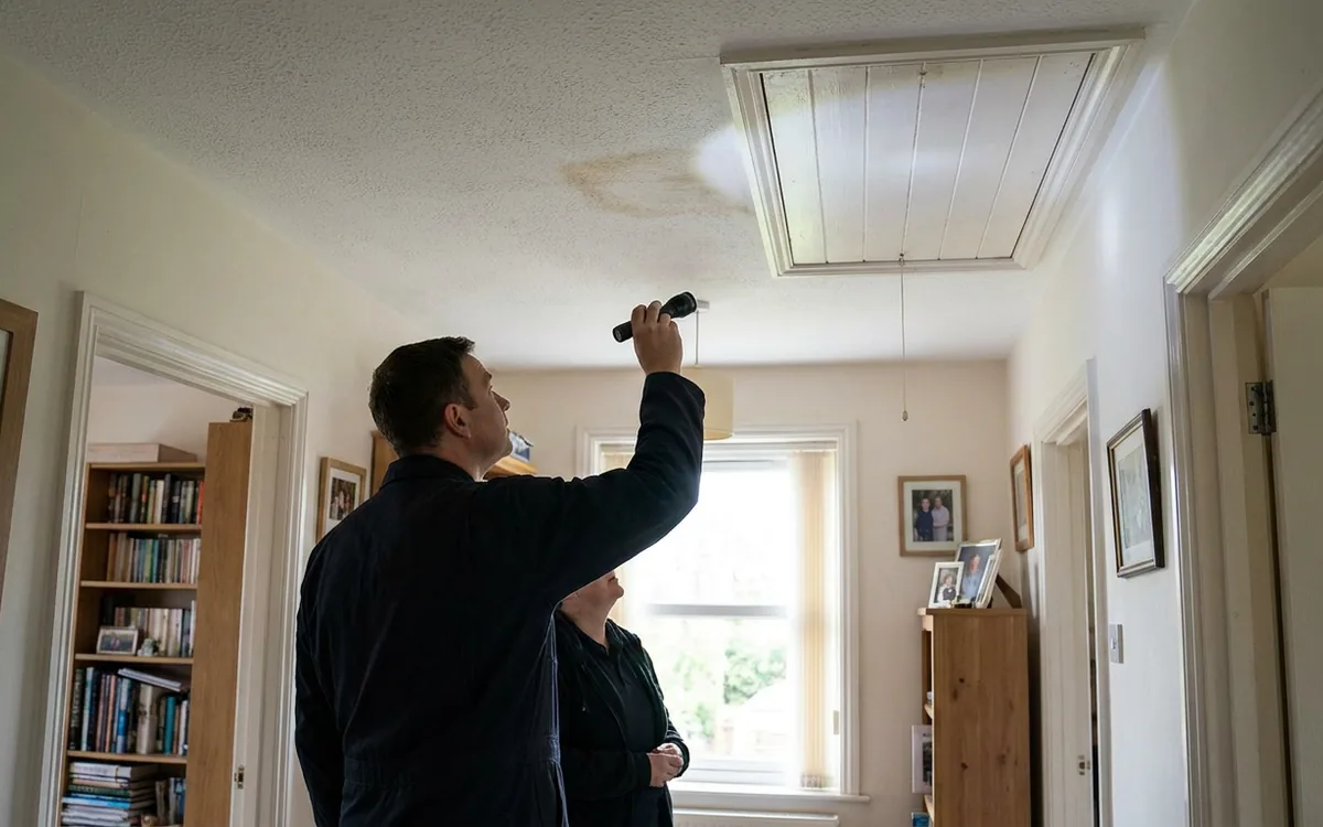 Ceiling stain and attic access being assessed during a leak inspection