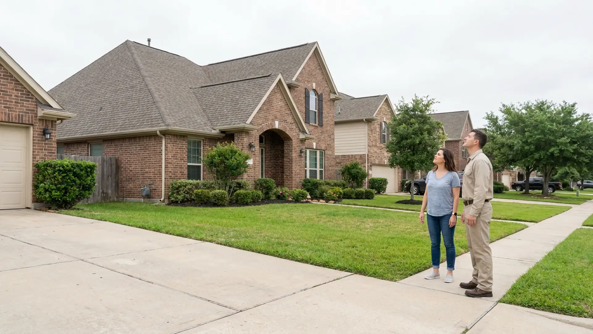 Homeowner and roofing professional viewing a suburban residential roof