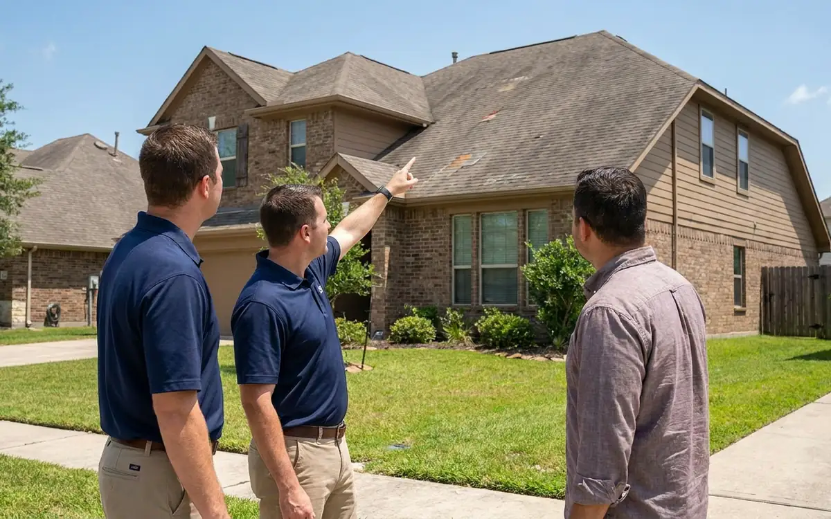Homeowners discussing a suburban roof in Fort Bend County