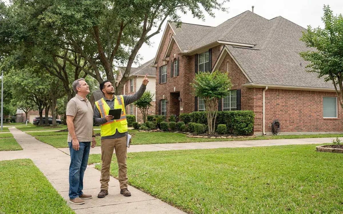 Homeowner and roofing professional viewing a Katy-area roof