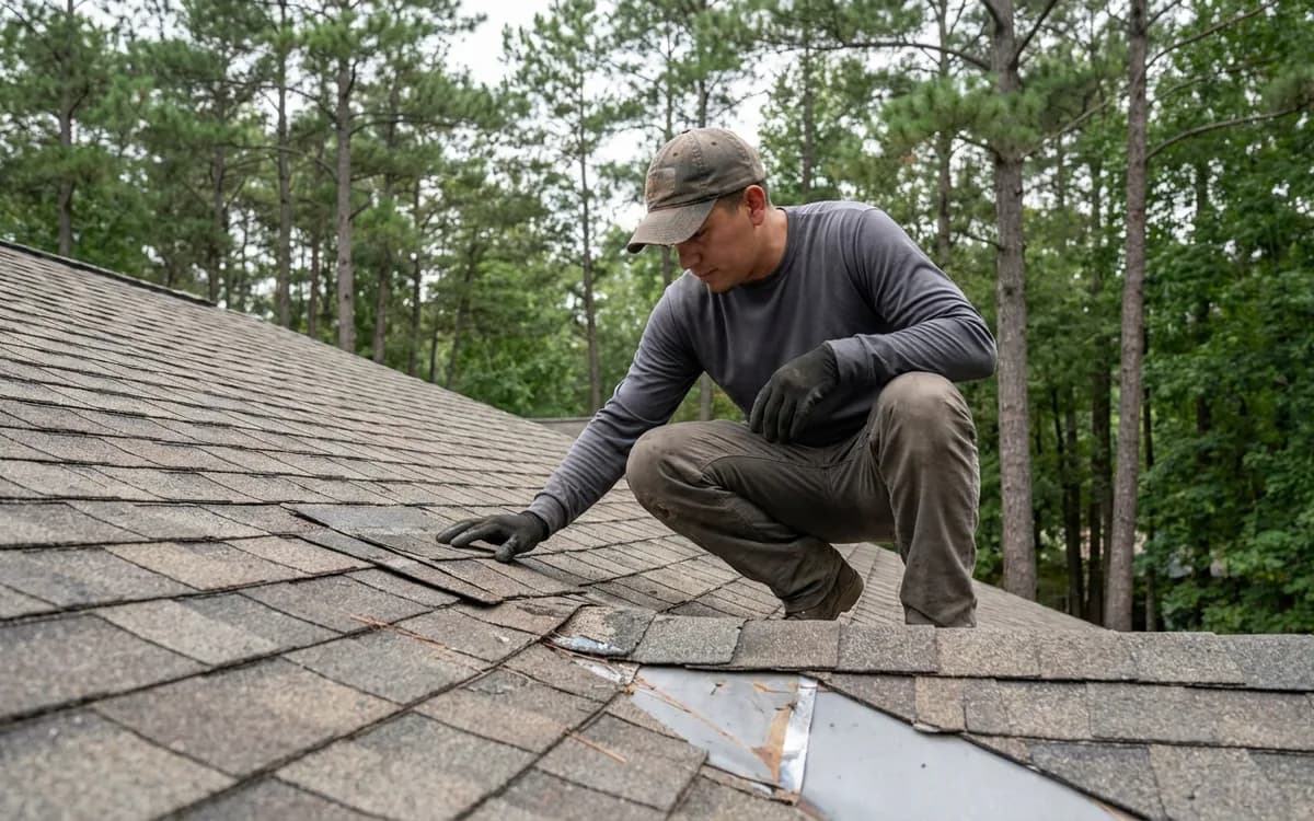 Roofing professional examining shingles on a wooded residential roof