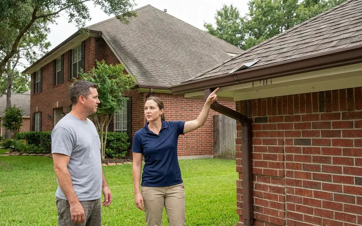 Homeowner and roofing professional discussing a roof edge and gutter concern