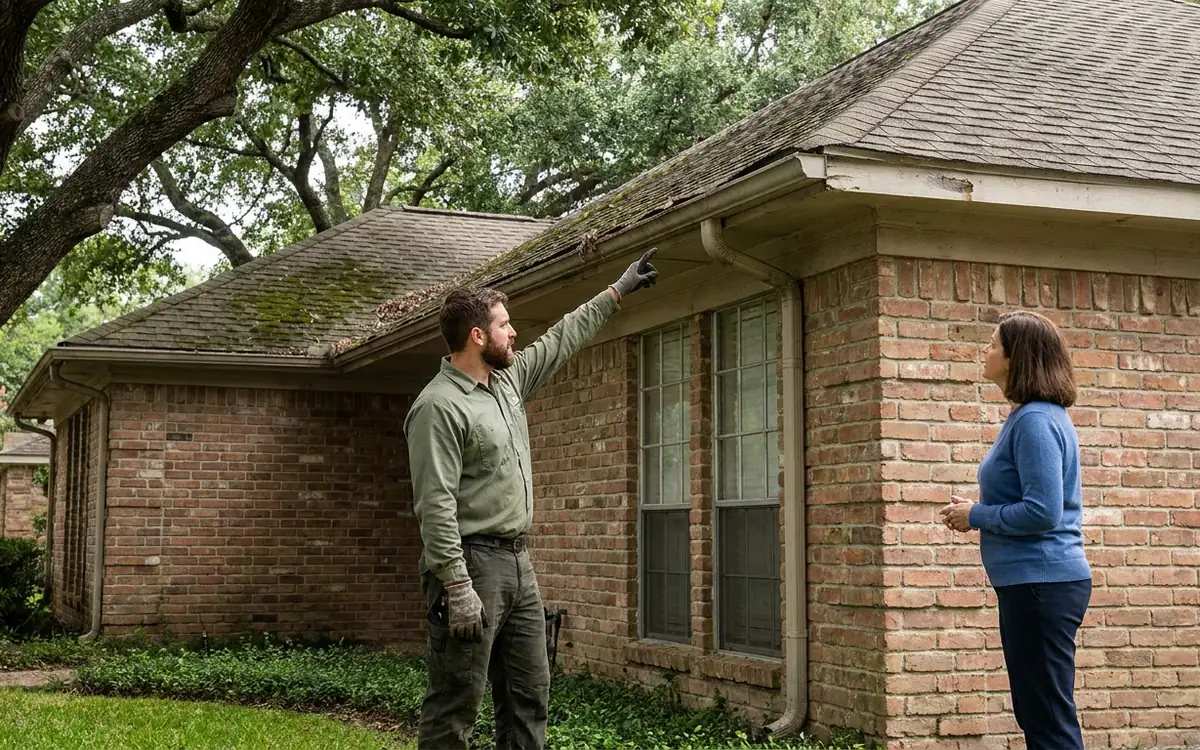 Roofing professional pointing toward a brick home roof as homeowner listens