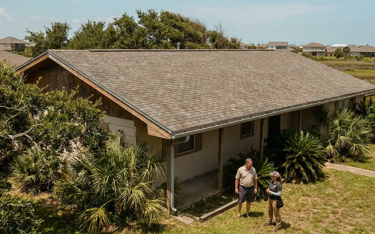 Gulf Coast home roof with gutters and coastal vegetation