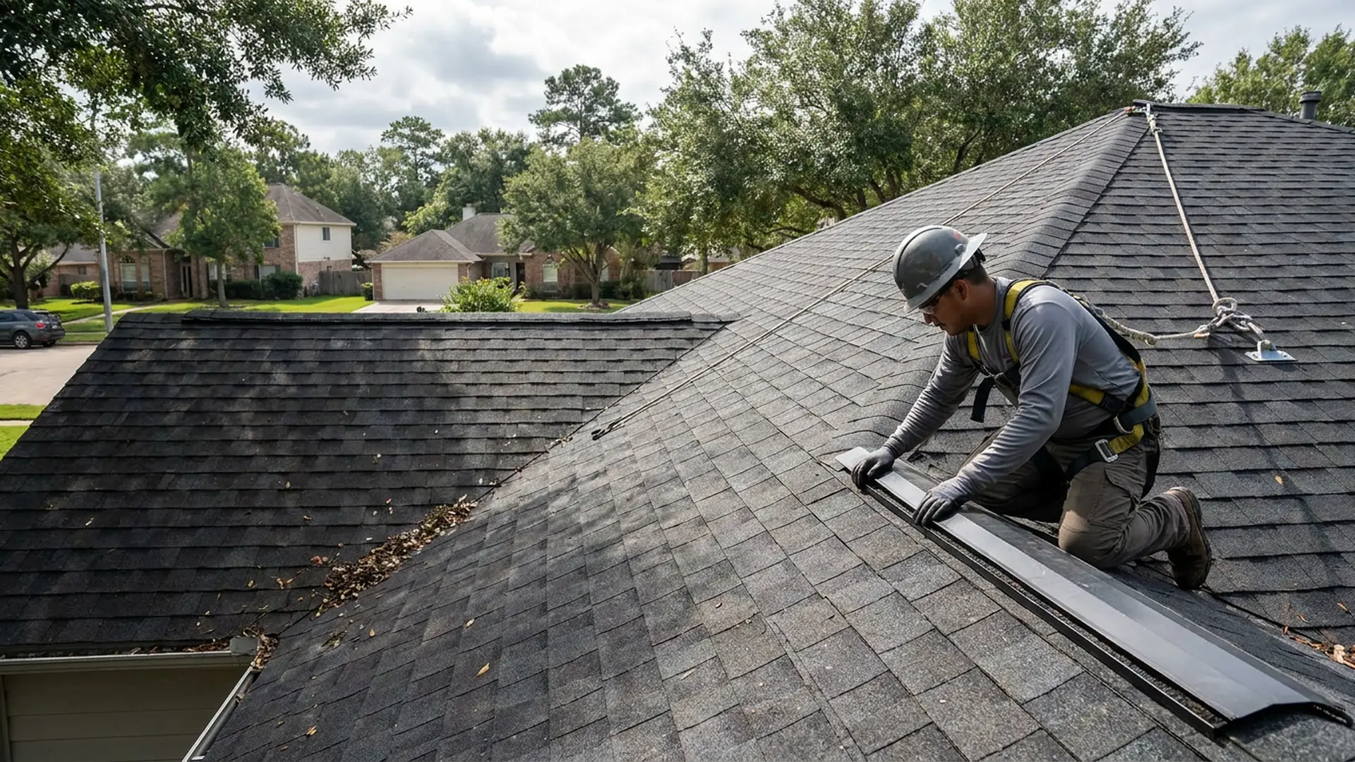 Roofing professional inspecting wind-lifted shingles after a Houston storm