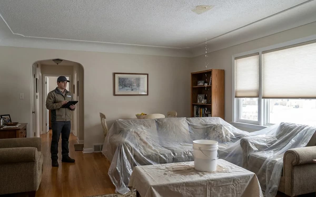 Furniture protected from active ceiling water while storm damage is assessed