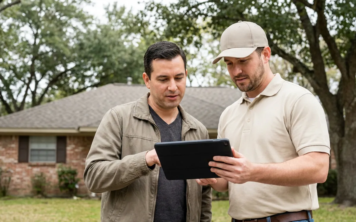 Homeowner and roofing professional reviewing storm inspection findings