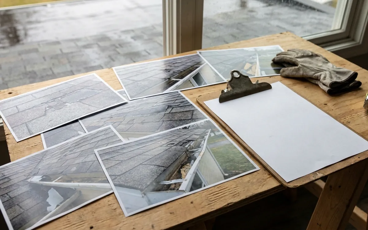 Roof condition photos and a blank clipboard during a storm damage assessment